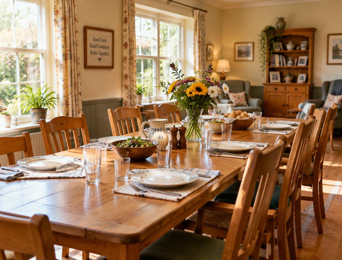 A warm shared dining room with a long wooden table set for a home-cooked meal